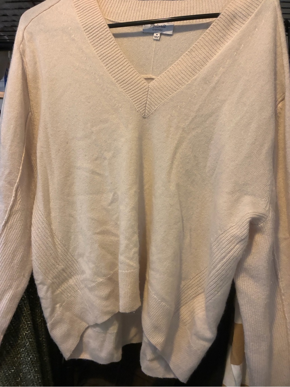 Madewell Women's Cream V-Neck Cashmere Sweater.